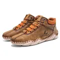 Men's high-top casual leather boots in dark brown with orange knit collar and thick rubber sole - 38 / Golden Yellow (6623)