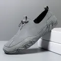 Men's grey leather loafers with breathable perforated suede and anti-slip wave rubber soles - EU 38 / Gray