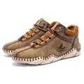 Detail of tan suede leather upper with ribbed knit collar and coarse stitching on men's boots - 38 / Khaki (6623)