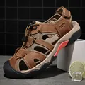 Brown leather men's outdoor beach sandals with breathable mesh and closed toe - Brown