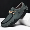 Men's grey-blue nubuck loafers with hand-stitched details and black rubber soles - 1801 Moss Green