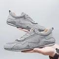 Men's gray breathable mesh loafers with durable lace-up suede design for summer wear - EU 38 / Gray