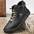 Men's high-top black leather casual shoes with litchi texture and thick rubber soles - Black