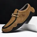 Brown suede loafers for men with white hand-stitching and non-slip rubber soles - 38 / 1801 Yellow Brown