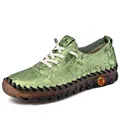 Olive green leather flat shoes for women with floral embossing and non-slip rubber soles - EU 38 / Green