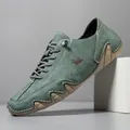 Men's dark green suede outdoor shoes with wavy rubber soles and contrast stitching - Green