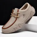 Men's khaki suede loafers with brown leather trim and non-slip rubber soles by Salkin - 1801 Beige