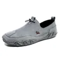 Grey suede men's loafers with elastic drawstrings and rubber soles in 45-degree view - 38 / G2082 Logo Badge / Gray