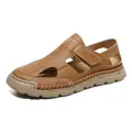 Brown leather men's sandals featuring breathable cut-outs and adjustable velcro straps - EU 38 / 3036 Brown
