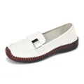 Women's white leather loafers with silver buckle and non-slip rubber soles for daily wear - EU 35 / White