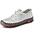 Women's cream casual leather loafers with floral texture and durable rubber soles - Gray