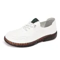 White casual leather loafers with non-slip brown rubber soles and green tongue detail - EU 38 / White