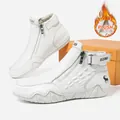 White leather high-top boots with warm plush lining and stylish embossed details - EU 37 / White Fleece-lined