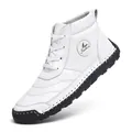 Lace-up white leather high-top Martin boots with thick black rubber soles for men - White