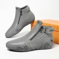Grey leather ankle boots for men with crocodile texture and branded orange shoe box - EU 38 / Gray