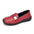 Women's slip-on leather loafers in bright red with silver buckle and flat rubber sole - EU 35 / Red