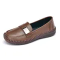 Brown leather loafers for women with square silver buckle and hand-stitched rubber soles - EU 35 / Brown