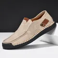 Men's casual loafer in beige suede with brown leather trim and white stitching details - 40 / Beige
