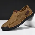 Men's casual brown suede loafer with hand-stitched detailing and black rubber sole - 40 / Brown