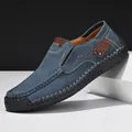 Men's blue suede slip-on loafers with brown leather accents and durable rubber soles - 38 / Dark Blue