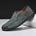 Grey-blue suede leather loafers for men with decorative hand-stitched details - 40 / Green
