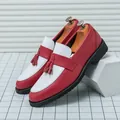 Men's red and white leather loafer featuring classic tassels and thick black rubber sole - EU 38 / Red White