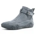 Men's retro grey nubuck leather boots with velcro strap and wave patterned thick sole - EU 37 / Gray (L8862)
