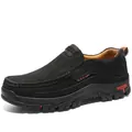 Ανδρικά δερμάτινα παπούτσια slip-on outdoor σε μαύρο χρώμα με ανθεκτική σόλα από καουτσούκ - EU 38 / Μαύρο
