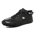 Men's black leather high-top casual boots featuring sheep logo and LDECK velcro ankle strap - Black