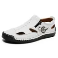 Men's white leather cutout sandals with durable rubber sole and fashion stitching - 38 / 白色黑底