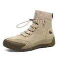Women's high-top beige leather boots with knitted collar and anti-slip rubber soles - EU 35 / Brown