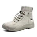 Women's high-top beige leather boots with suede finish and knit collar detail - EU 35 / Khaki