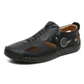 Men's black leather sandals with stitch detail, zipper design and fashion sport logo - 38 / Black