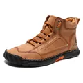 Men's brown PU leather ankle boots with handmade stitching and durable rubber sole - 40 / Tan