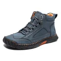Blue-grey suede high-top men's boots with orange stitching and durable rubber sole - 40 / Dark Blue