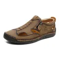 Herren-Sandalen aus braunem Leder mit Reißverschluss und seitlichen Ausschnitten für Sport - 38 / Khaki