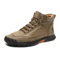 Men's khaki PU leather high-top boots with casual stitch detailing and rubber soles - 40 / Khaki