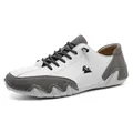 Men casual leather low-top shoes in white and gray patchwork with rubber wave sole - 38 / Grayish White