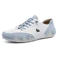 Men's casual leather shoes in white and light blue featuring a goat logo and thick rubber sole - 38 / White & Light Blue