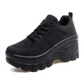 Women's black breathable mesh platform sneakers with thick wedge sole and lace-up design - EU 35 / Black