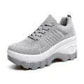 Women's grey mesh wedge sneakers with thick platform and heart detail on sole - EU 35 / Gray