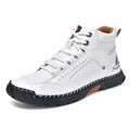 Men's white high-top PU leather boots with handcrafted stitching and black rubber soles - 38 / White