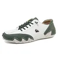 Men's low-top casual leather sneakers in white and olive green with rubber sole - 38 / White & Dark Green