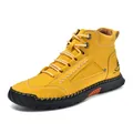 Men's ginger yellow PU leather ankle boots with decorative hand stitching and thick rubber sole - 38 / Yellow