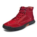 Men's red high-top PU leather casual boots with contrast stitching and lace-up design - 38 / Red