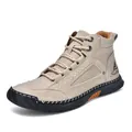 Men's khaki PU leather ankle boots with handmade stitching and thick rubber soles - 38 / Beige