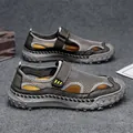 Sandalias de cuero y malla para hombre en gris marrón con forro textil amarillo - 47 / Gris