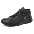 Black genuine leather men's high-top casual boots with lace-up closure and rubber sole - EU 38 / Black