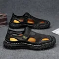 Sandalias de playa para hombre en cuero y malla negro y amarillo con cierre velcro - 47 / Negro