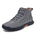 Grey PU leather men's ankle boots with hand-stitched details and orange sole accents - 38 / Light Gray
